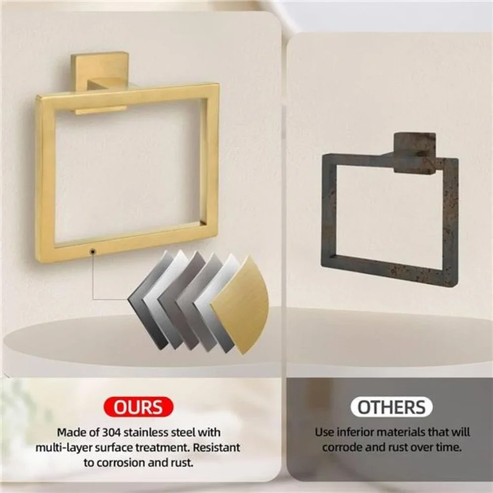 Bathroom towel ring set 2 piece wall mounted brushed gold square hand towel hold